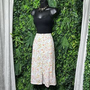 CHARLIE HOLIDAY Skirt Women 4 Cream Floral Print Midi‎ Button Accent 2488